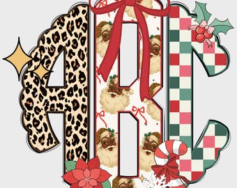 Julpreppymonogram, vågigt monogram PNG, kokettmonogram, leopardmönster, svart tomtemonogram, preppy jultomte, monogram 51SM