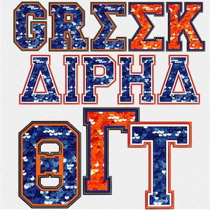 May include: A graphic design featuring the words "GREEK ALPHA OIT" in a collegiate style. The letters are in blue and orange, with a sequin-like texture, outlined in white and black.