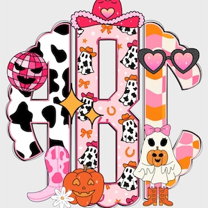 May include: A whimsical Halloween-themed monogram design featuring the letters ABK. The letters are filled with cow print, ghosts in cowboy hats, and a disco ball. Additional elements include a cowboy hat, heart-shaped sunglasses, and a pumpkin.