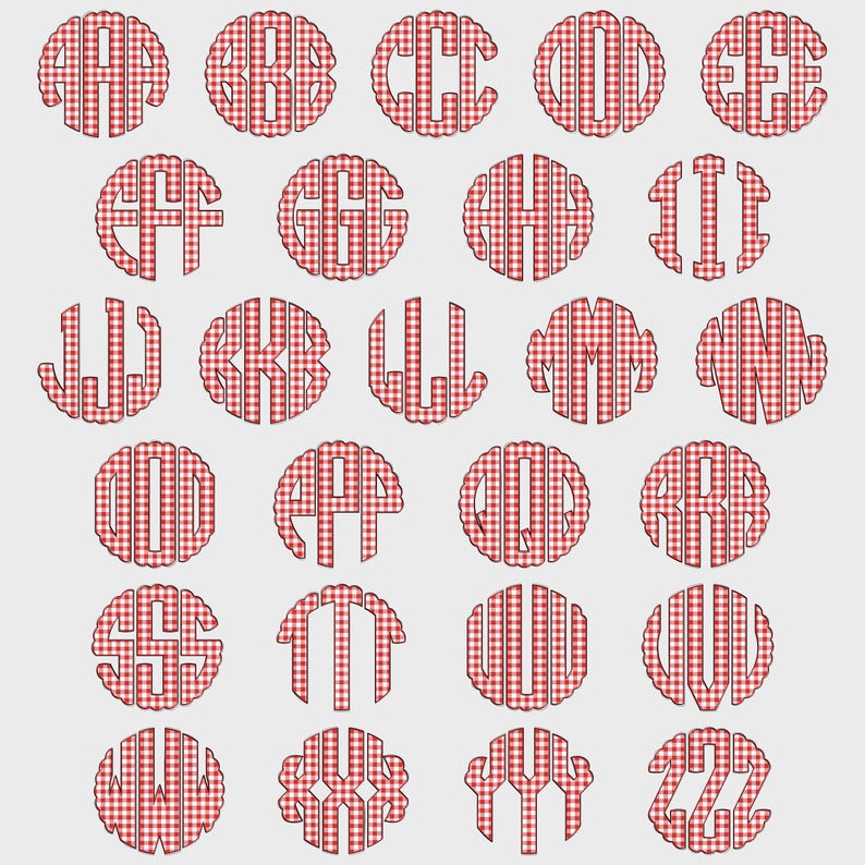 Op de afbeelding: Een verzameling van 26 monogramletters, A tot Z, in een rood-wit geruit vichy-patroon. Elke letter is opgenomen in een geschulpte cirkel. Ideaal voor personalisatie, deze ontwerpen bieden een klassieke, gepersonaliseerde uitstraling.