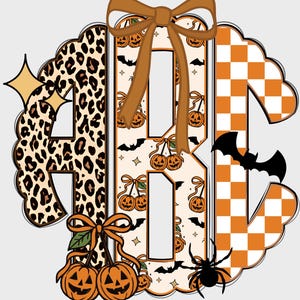 May include: A Halloween-themed monogram design featuring the letters ABC. The letter A has a leopard print pattern, B has pumpkins and bats, and C has an orange and white checkerboard pattern. A brown bow and spider complete the design.