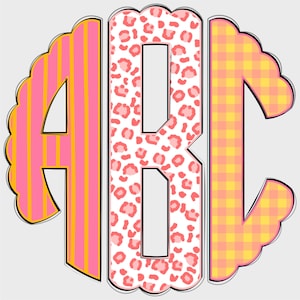 May include: A decorative monogram featuring the letters ABC in a circular design. The letter A has pink and yellow vertical stripes, B has a pink leopard print, and C has a yellow and pink gingham pattern. Each letter has a black outline and a scalloped edge.