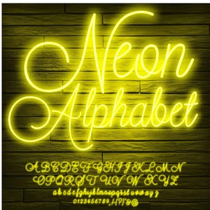 May include: Neon yellow alphabet font with uppercase and lowercase letters, numbers, and punctuation marks. The font is displayed on a brick wall background.