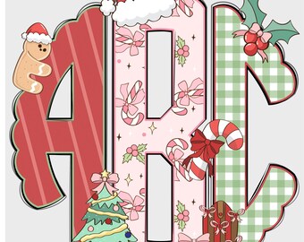 Monograma navideño preppy, monograma festoneado PNG, monograma coqueto, Navidad rosa, monograma navideño preppy, Papá Noel, monograma SM 45