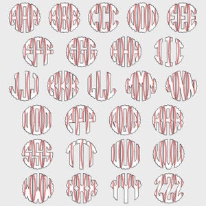 Puede incluir: Colecci&oacute;n de dise&ntilde;os de monogramas con tem&aacute;tica de b&eacute;isbol, cada uno con una combinaci&oacute;n &uacute;nica de letras. Las letras est&aacute;n dentro de una forma ovalada similar a una pelota de b&eacute;isbol, con detalles de costuras rojas. Dise&ntilde;os sencillos y limpios.