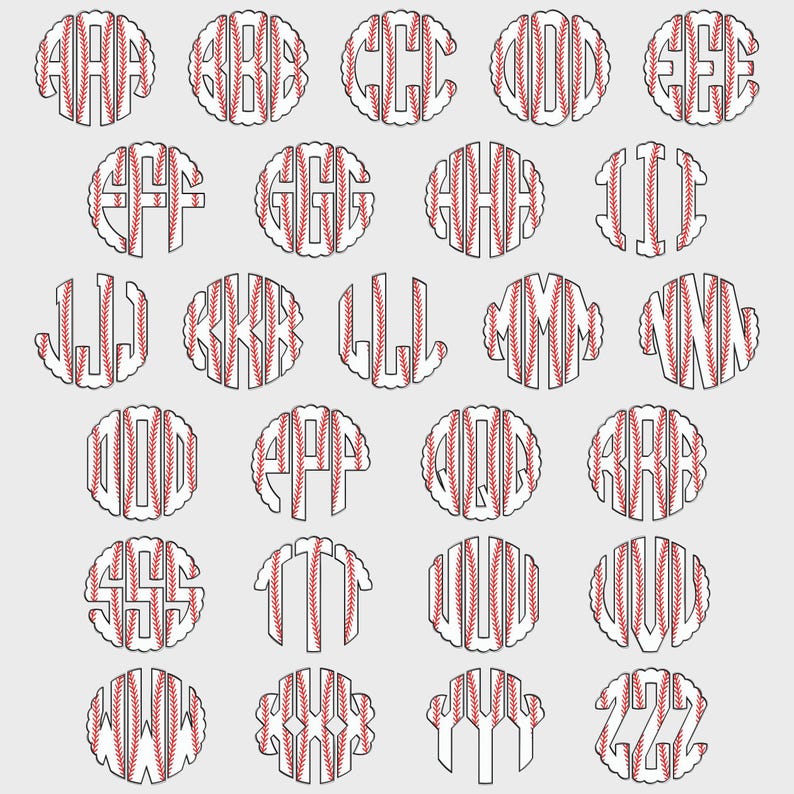 Puede incluir: Colecci&oacute;n de dise&ntilde;os de monogramas con tem&aacute;tica de b&eacute;isbol, cada uno con una combinaci&oacute;n &uacute;nica de letras. Las letras est&aacute;n dentro de una forma ovalada similar a una pelota de b&eacute;isbol, con detalles de costuras rojas. Dise&ntilde;os sencillos y limpios.