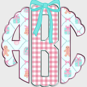 May include: A monogram design featuring the letters ABC in a circular arrangement. The letter B is a pink and white gingham pattern, while the A and C are light blue with Christmas-themed illustrations. A light blue bow tops the design.