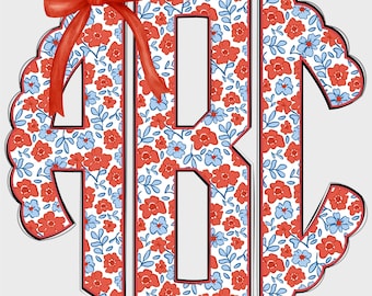 4th of July Floral Scalloped Monogram PNG, Coquette Flowers, Preppy Floral Print, Preppy 4th of July, Summer Monogram PNG, Monogram 11SM