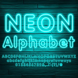 Neon Leuchteffekt Buchstaben, Cyan Neon Buchstaben, Cyan Neon Buchstaben, PNG Clip Art Buchstaben, Transparenter Hintergrund, Neon Schild Buchstaben, Neon Cyan 1