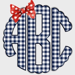 May include: A monogram design featuring the letters "ABC" in a navy blue and white gingham pattern. A red bow with white stars is placed at the top. The letters are outlined in silver and have a scalloped edge.