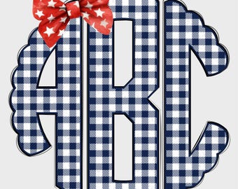 4th of July Scalloped Monogram PNG, Coquette Gingham, Monogram Name PNG, Coquette Preppy 4th of July, Summer Monogram PNG, Monogram 3SM