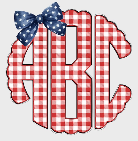 4th of July Scalloped Monogram PNG, Coquette Gingham, Monogram Name PNG, Coquette 4th of July, Summer Monogram PNG, Coquette Monogram 3SM
