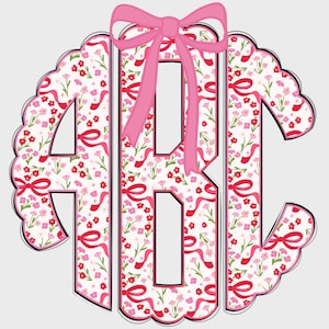 May include: A monogram design featuring the letters ABC in a floral pattern with red bows and flowers on a white background. The letters are outlined in black and have a scalloped edge. A pink bow is at the top.