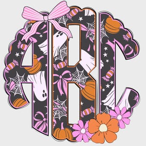 May include: A Halloween-themed monogram design featuring the letters "ABC" in a decorative font. The design incorporates pumpkins, candy, ghosts, spiderwebs, and bows in shades of orange, pink, and white against a dark gray background. A pink bow tops the design, with flowers at the bottom.