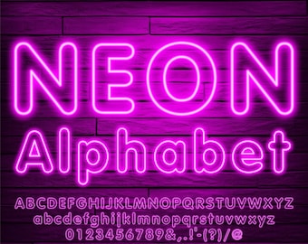 May include: A neon pink alphabet with the word "NEON" in large letters at the top. The alphabet includes uppercase and lowercase letters, numbers, and punctuation marks.