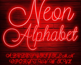 May include: Red neon sign with the word "Neon Alphabet" in a cursive font. The sign is on a brick wall background. The alphabet and numbers are shown below the sign.