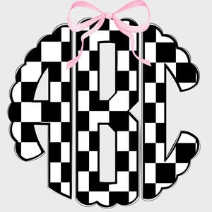May include: A monogram design featuring the letters "ABC" in a black and white checkered pattern. The letters are outlined with a scalloped edge and topped with a pink bow. The design is suitable for various personalized items.
