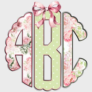 Coquette Scalloped Monogram PNG, Coquette Floral, Green Pink, Scalloped Monogram, Coquette Flowers, Spring Monogram, Coquette Monogram 2SM