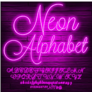 Peut inclure: Police d'alphabet rose néon avec des lettres majuscules et minuscules, des chiffres et des symboles. La police est de style cursive.