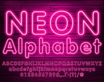 May include: Pink neon alphabet with uppercase and lowercase letters, numbers, and symbols on a dark wood background. The word "NEON" is displayed in large letters at the top of the image.