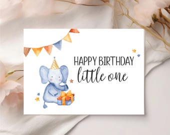 May include: A white greeting card with the text "HAPPY BIRTHDAY little one." The card features a watercolor illustration of a blue elephant wearing a party hat, holding a gift, and surrounded by stars and a banner.