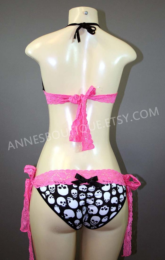 Women's Pink Lace Ribbon Skull Bikini Swimsuit XXS-XL 
