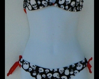 Women's black and white Skull Bikini with.red ties Swimsuit  XXS-XL