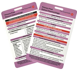 May include: Two pink laminated cards with rounded corners and a hole punched in the top. The cards are titled "Primary Post Partum Haemorrhage" and contain medical instructions for treating postpartum haemorrhage. The cards are designed for paramedics.