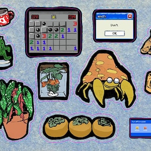 May include: A collection of cartoon-style stickers featuring a red and white polka-dot mug, a cactus, a Minesweeper game, a fish tank, a crab-like creature, a dog, a mug, a plant, three round objects, and a Windows shutdown screen. The "Wait!" window has the text "Don't." and "OK."