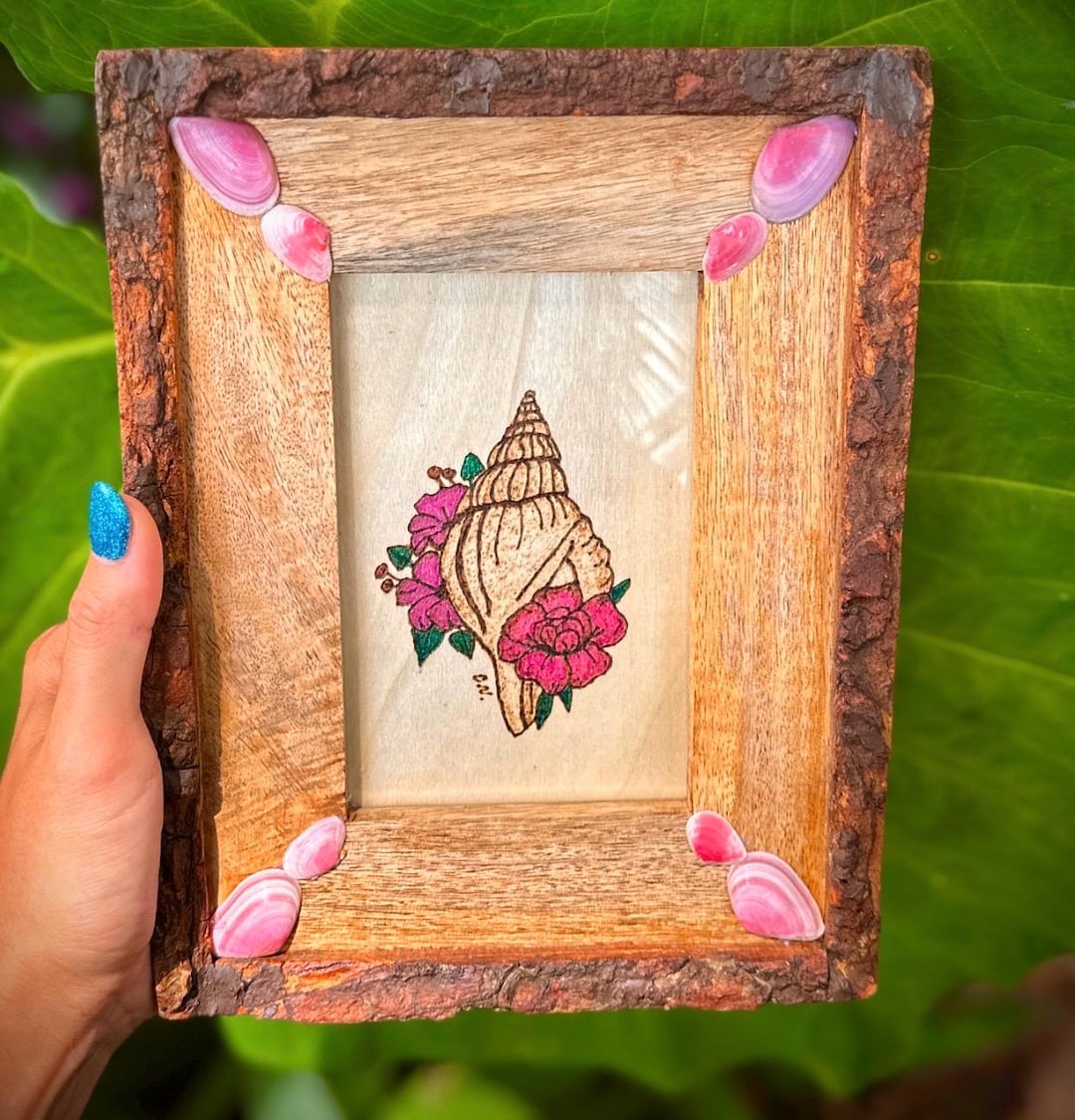 Handmade Seashell Art: Pyrography Floral Design, Rose Petal Tellin ...