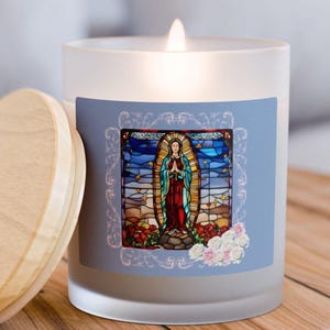 Virgen de Guadalupe Stained Glass Candle: Mexican Catholic Gift, Rose Scented