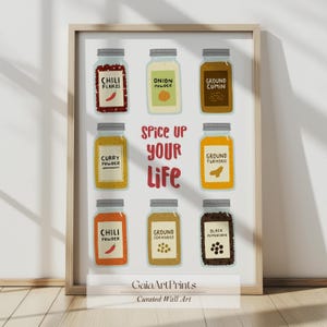 Ihr Leben aufpeppen Druck | Gewürzgläser Illustration Poster | Niedliche Küche Wandkunst | Chiliflocken, Currypulver, Knoblauch | Digitaler Download