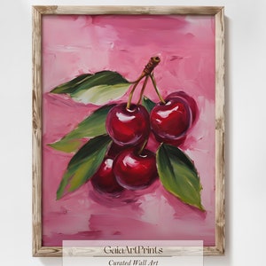 Red Cherries Vintage Oil Painting | Printable Wall Art | Coquette Room Decor | Kitchen Wall Decor | Summer Fruit Still Life Fine Art |