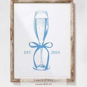 Blue and White Coquette Bow Champagne Glass Art Print   | Trendy Poster | College Aesthetic | Dorm Wall Decor | Prosecco Digital Download