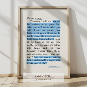 Do Not Worry Bible Verse | Modern Christian Art | Blue Scripture Wall Art | Religious Dorm Wall Decor | Matthew 6:25-27 | Digital Print
