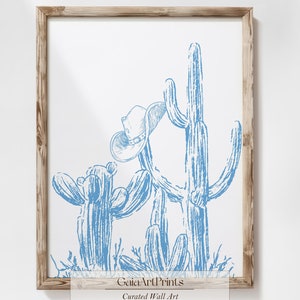 Blaue Kaktus Cowboy Hut Illustration | Vintage Western Druck | Cowboy Wohnheim Dekor | Blau-weißes ästhetisches Poster