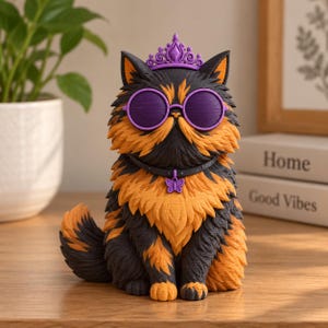 May include: A figurine of a fluffy cat with black and orange fur, wearing round purple sunglasses, a purple tiara, and a black collar with a small purple butterfly charm. The cat is sitting in an upright position with its tail curled to the side.