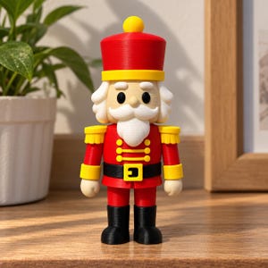 Puede incluir: Una figura de cascanueces con un uniforme rojo brillante con charreteras, botones y hebilla de cinturón amarillos. La figura tiene un cinturón y botas negras, un sombrero rojo con un pomo amarillo en la parte superior, y barba y cabello blancos.