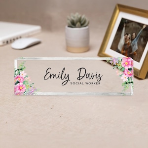 Personalized Name Plate for Desk, Wildflower Floral Design on Clear Acrylic Plaque, Custom Office Name Sign, Unique Personalized Gift Idea
