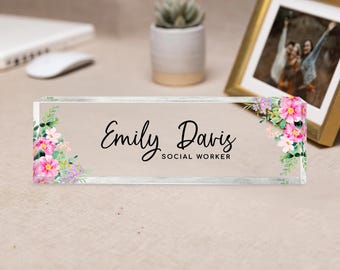 Personalized Name Plate for Desk, Wildflower Floral Design on Clear Acrylic Plaque, Custom Office Name Sign, Unique Personalized Gift Idea