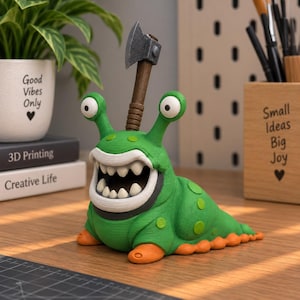 May include: A green slug figurine with a wide mouth, sharp white teeth, and two eye stalks. A small gray axe with a brown handle is embedded in the top of the slug. The creature has orange feet and light green spots on its back, creating a textured appearance.