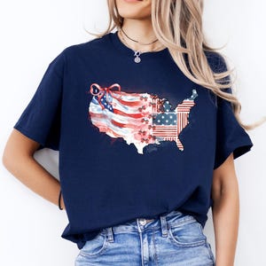 Chemise carte des États-Unis preppy, chemise Coquette des États-Unis, chemise 4 juillet pour femme, drapeau des États-Unis à rayures étoilées, chemise patriotique à fleurs, rouge blanc bleu