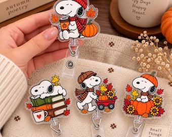 Porta credenciales de perro de otoño, lindo porta credenciales de otoño, porta credenciales de calabaza, acogedor regalo para enfermeras amantes de los libros, clip para credencial de temporada