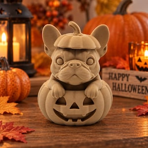Könnte beinhalten: Eine beige, mattierte Figur einer Französischen Bulldogge, die in einem geschnitzten Kürbis sitzt. Der Hund trägt einen kürbisförmigen Hut auf dem Kopf. Der Kürbis-Sockel zeigt ein klassisches geschnitztes Gesicht mit dreieckigen Augen.