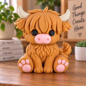 May include: A small, textured, golden-brown Highland cow figurine with a shaggy coat, two white horns, and large black eyes. The cow has a light pink snout and light pink paw pads on its feet. It is sitting in an upright, forward-facing position.