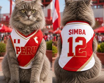 Camisa de futebol personalizada do Peru para cães e gatos, camiseta personalizada com nome e número do seu pet, camisa de torcedor inspirada no Peru, roupa para cães para o dia do jogo de futebol