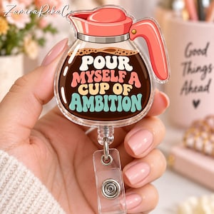 Bębenek z odznaką "Cup of Ambition", zwijany uchwyt na identyfikator do ekspresu do kawy, zabawny bębenek z odznaką "Kawa", uroczy prezent do biura pielęgniarki i nauczyciela