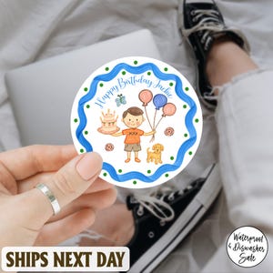 Personalized Happy Birthday Blue Sticker, Kids Birthday Vinyl Waterproof Sticker, Personalized Sticker, Custom Birthday Favor Sticker