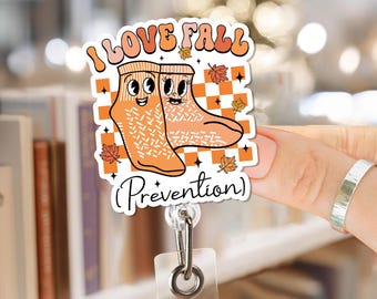 I Love Fall Prevention Grippy Socks Badge Reel, Funny Autumn Nursing Badge Holder, Retractable ID Clip for Nurses, CNA, Medical Staff