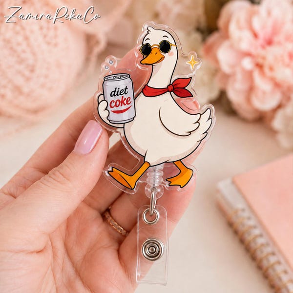 Funny Soda Goose Badge Reel, Cool Goose ID Holder, Silly Goose Nurse Gift, Retractable Acrylic Badge Reel